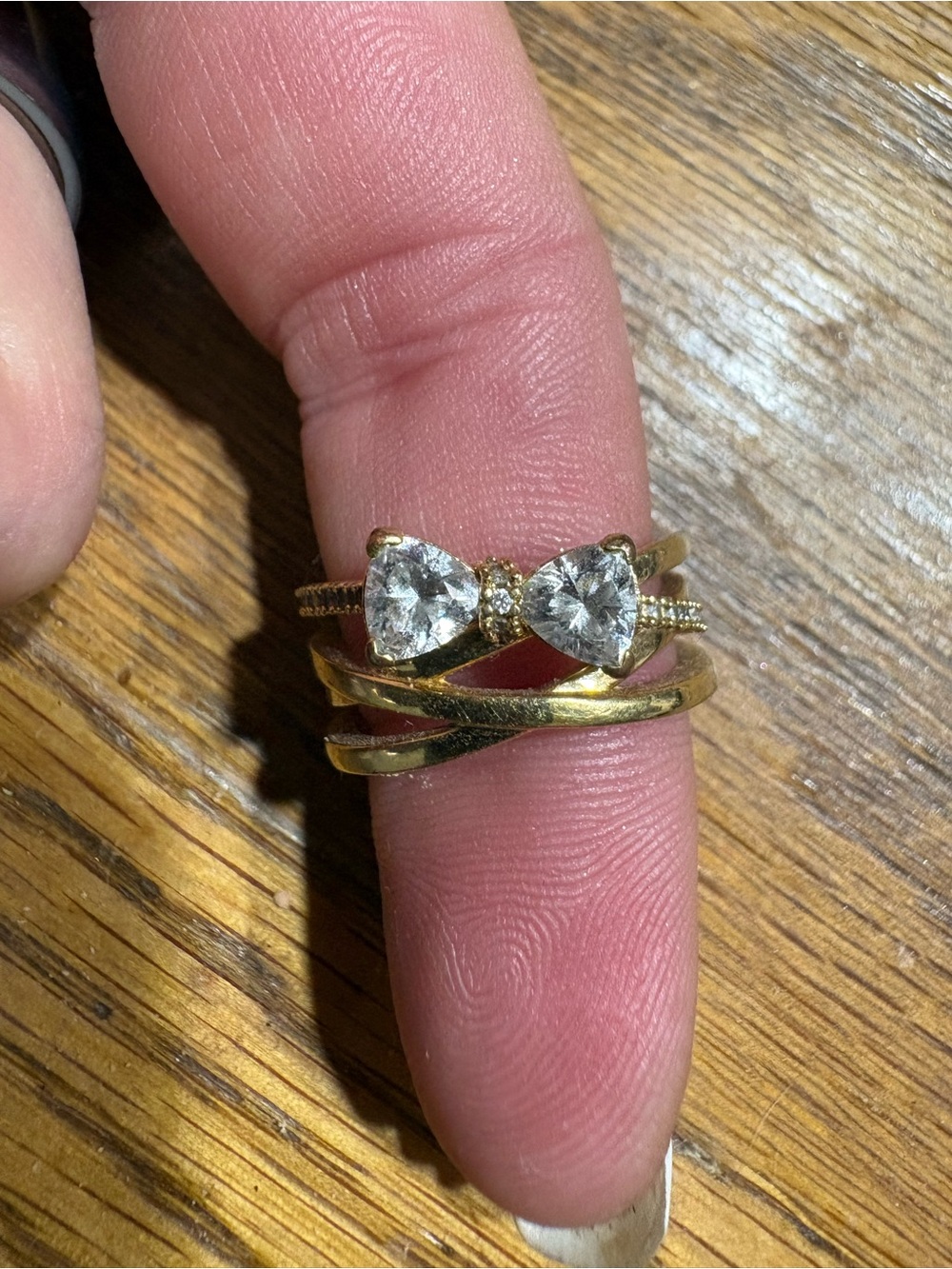 Pandora Gold Bow Ring with Clear Heart Stones
